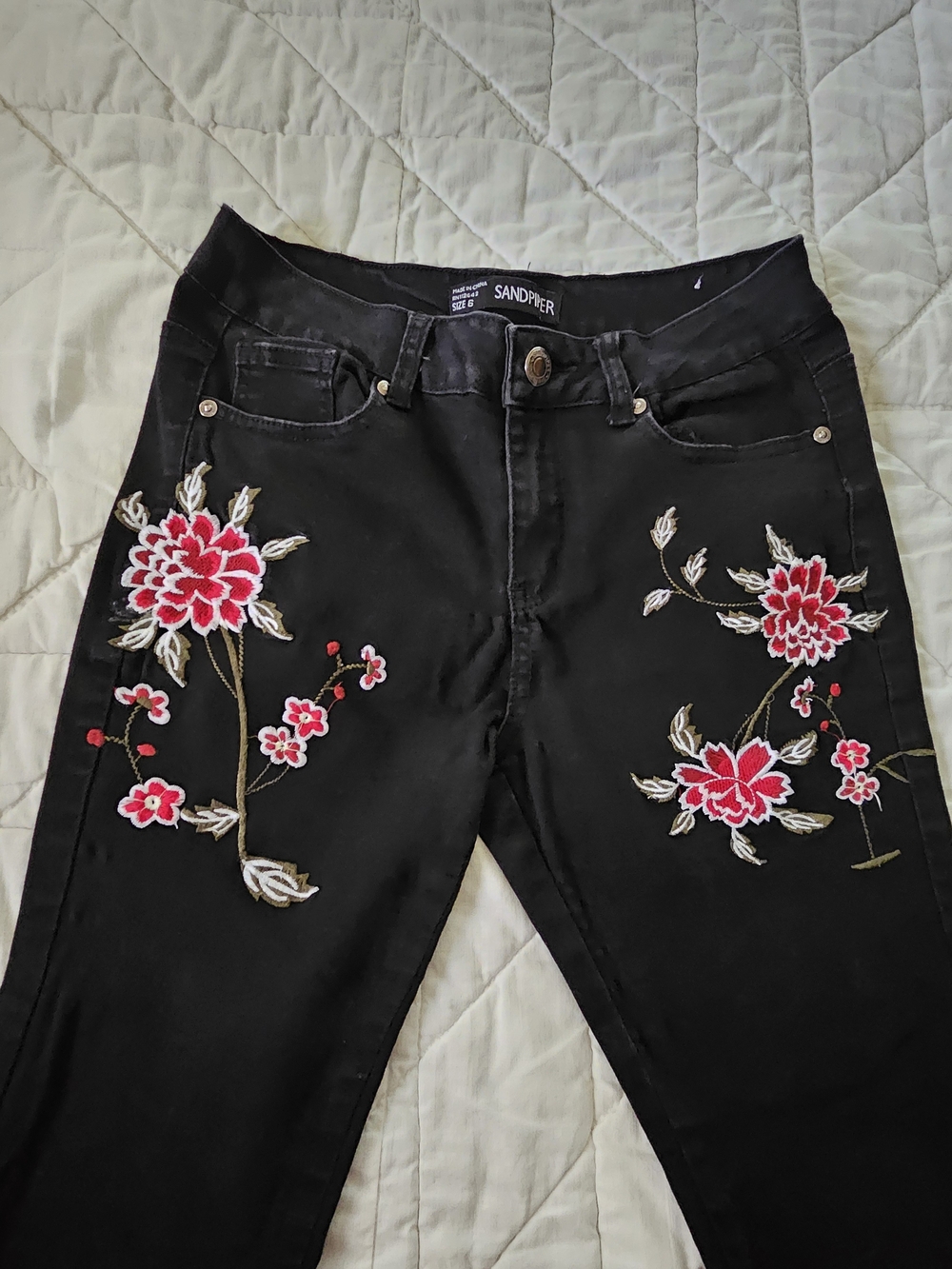 Sandpiper Black Floral Embroidered Jeans - Size 6